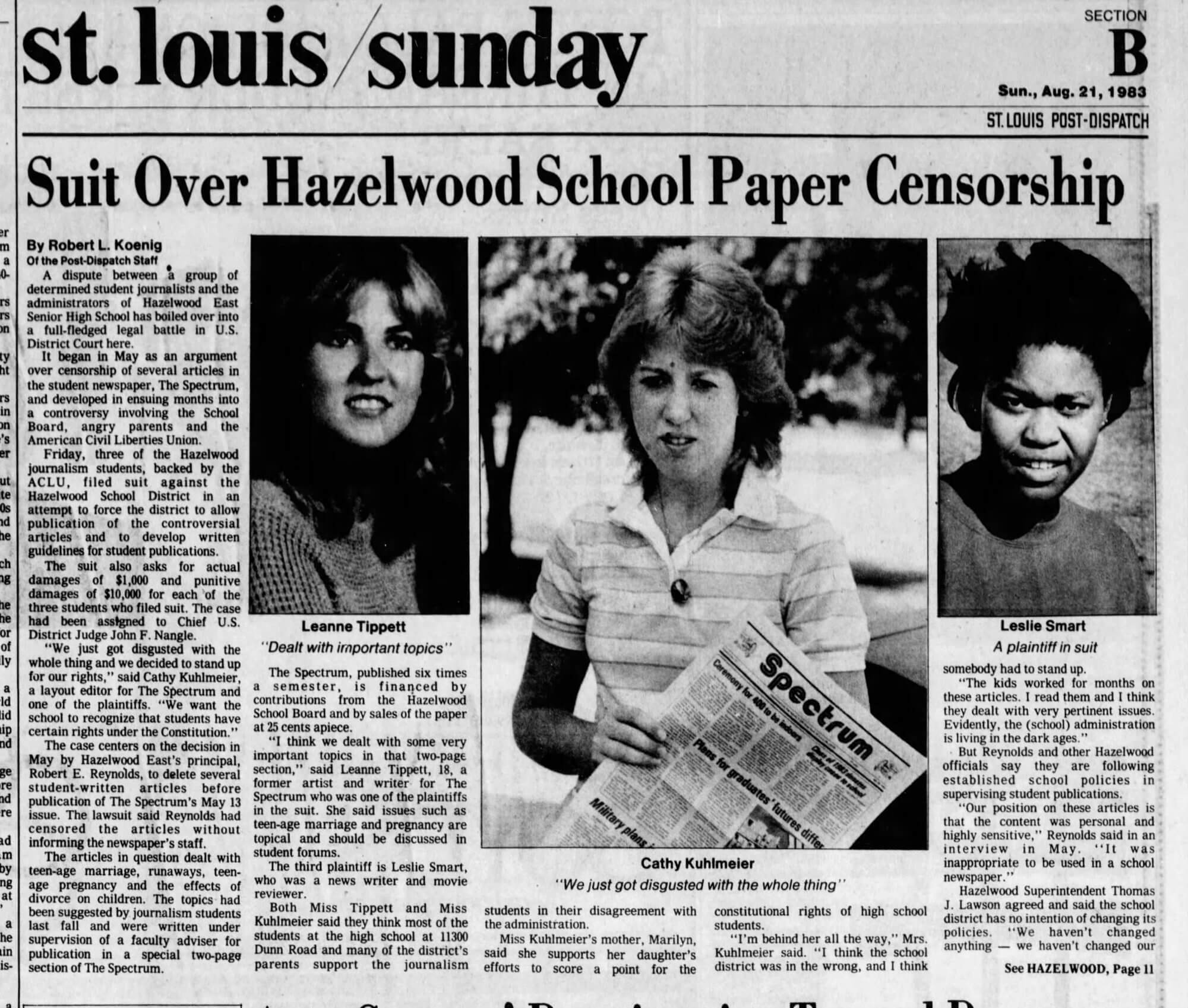 A newspaper from Saint Louis on August 21, 1983. The headline reads "suit over Hazelwood school paper censorship."