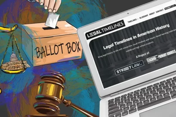 Illustration showing the scales of justice, a ballot box, judge's gavel, and a laptop computer open with the Legal Timelines website on the screen