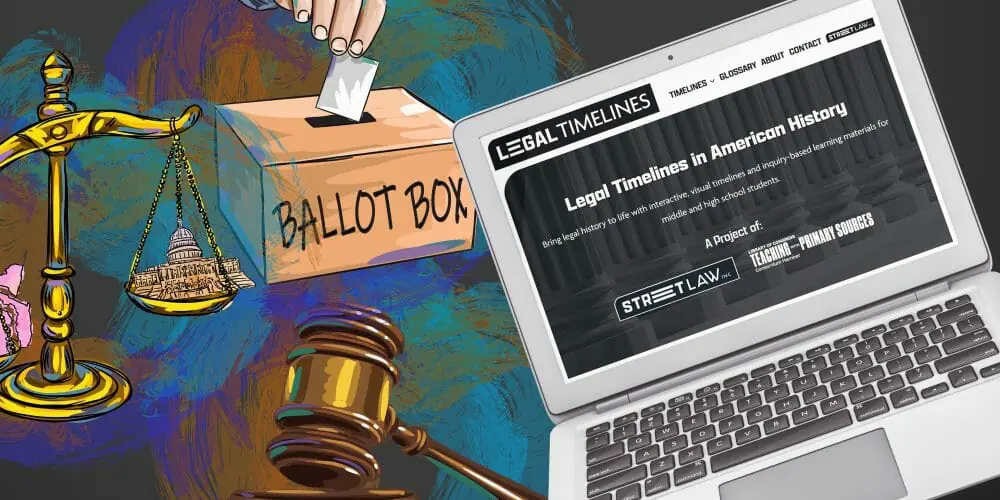 Illustration showing the scales of justice, a ballot box, judge's gavel, and a laptop computer open with the Legal Timelines website on the screen