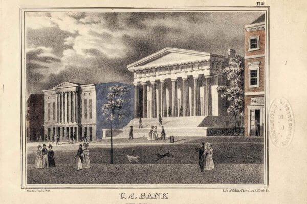 A drawing of the U.S. Bank in Philidelphia with many people scattered across the foreground.